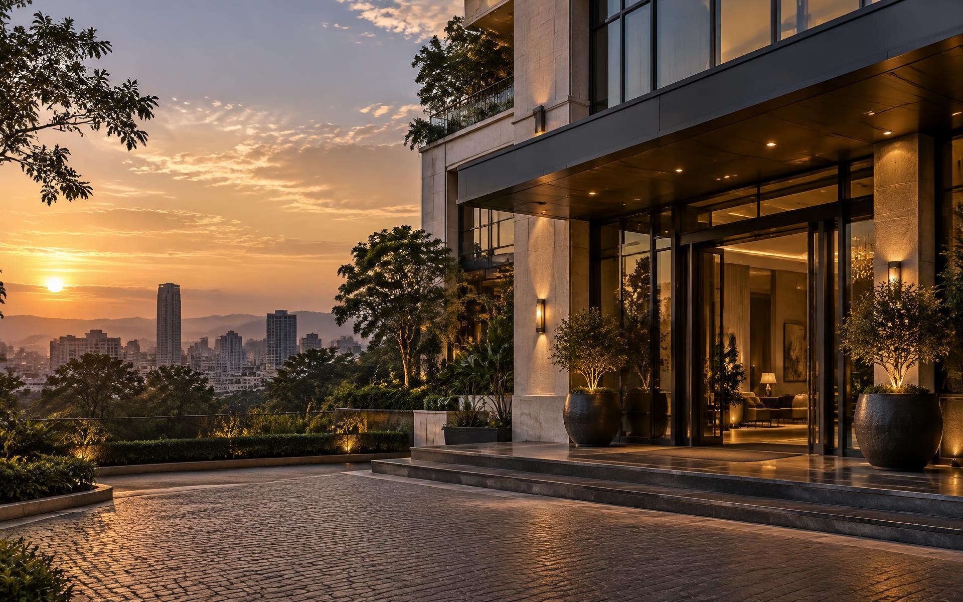 Elegant hotel entrance overlooking Addis Ababa at sunset